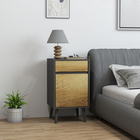 Table chevet tiroir placard moderne sans poignées bois - Dimensions: 40x39x69 cm - Couleur: Gris foncé
