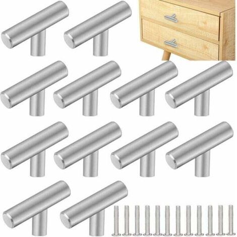 12 PCS Poignee de Meuble Cuisine Acier Inoxydable 5032mm Poignée Meuble T Bouton de Porte Argenté Boutons de Tiroir Monotrou en T Bouton de Meuble avec 12 Vis pour Armoire Porte Placard,Argent