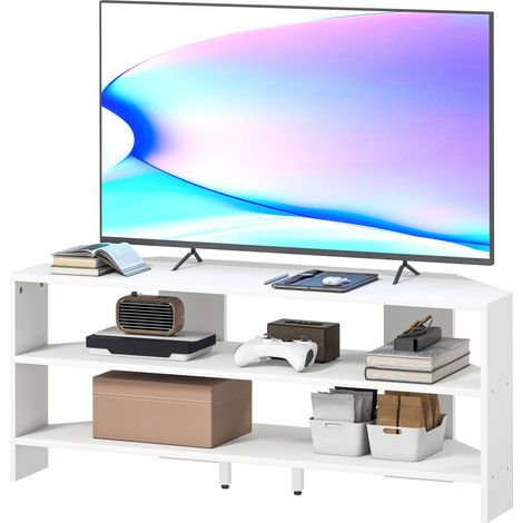 Meuble TV d'angle blanc 110x36x45 cm pour téléviseur jusqu'à 47 pouces (119 cm) avec 2 étagères ouvertes, en bois (1/5)