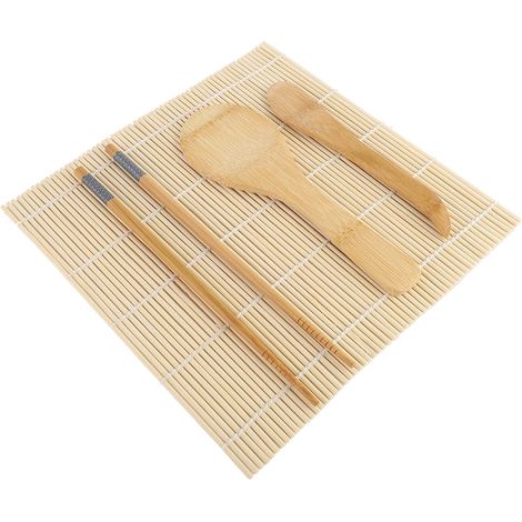 Kit à sushi 100 % bambou : tapis de roulage, spatule à riz, spatule à riz, baguettes. (1/5)