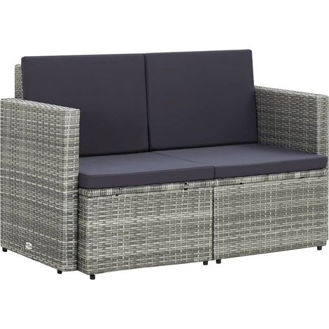 2-Sitzer-Gartensofa mit Auflagen Grau Poly Rattan