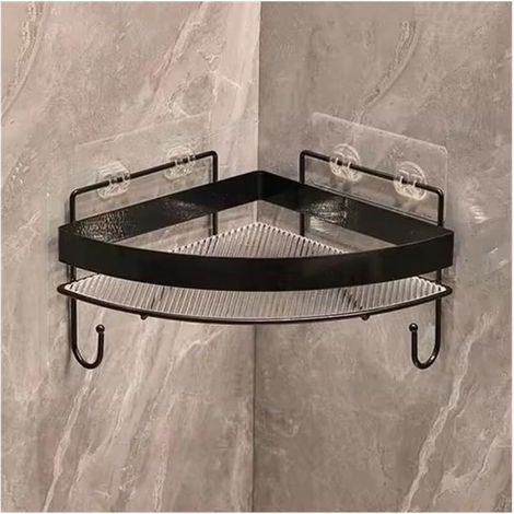 Estante para ducha, estante de esquina de pared, estante de almacenamiento de ducha de acrílico con rejilla metálica y ganchos (negro) (1/4)