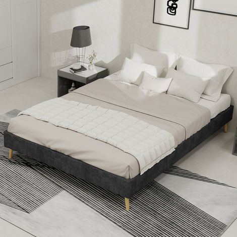 Lit cadre 140x200 cm gris en velours, structure basse moderne, sommier inclus, lit rembourré design minimaliste, sans tête de lit ni matelas (1/5)