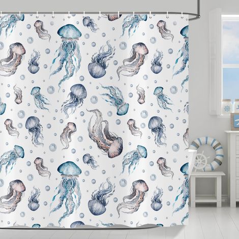 Rideau de Douche Méduses 180x200 cm, Méduses Colorées Plage Imperméable Bain Rideau Textile Lavable Rideaux Douche pour Baignoire avec 12 Crochets (1/5)