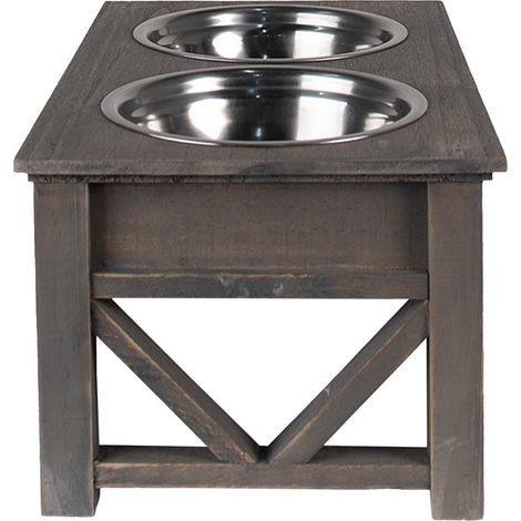 Double Gamelle pour Chien et Chat avec Support en Bois et Métal Gris 2x500 ml 40x22x18 cm - PANGIVO (1/2)