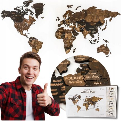 Carte du monde en bois 3D marron foncé XL 130x72cm, villes et frontières détaillées (1/5)