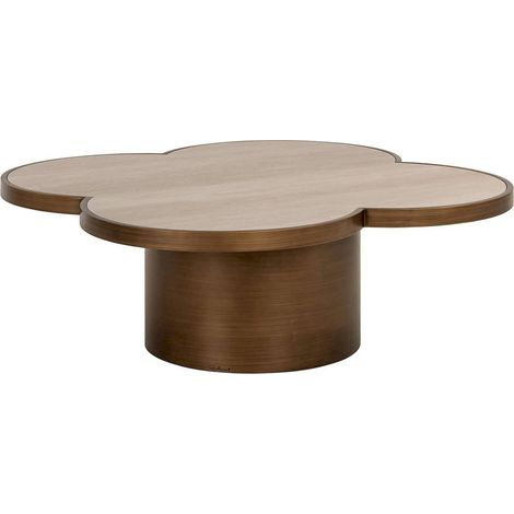 table basse design forme trèfle beige travertin et bois - beige travertin et bronze (1/5)