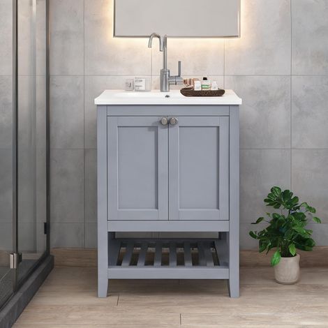 Meuble vasque 60 cm avec lavabo céramique gris et blanc (1/5)