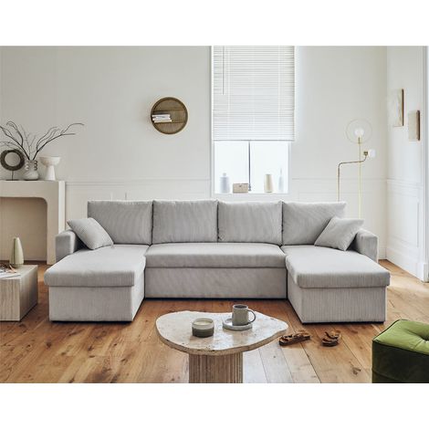 Bestmobilier – Canapé panoramique en U 7 places convertible avec coffre – Velours côtelé 100% polyester – Dimensions L290 x H83 x P147 cm