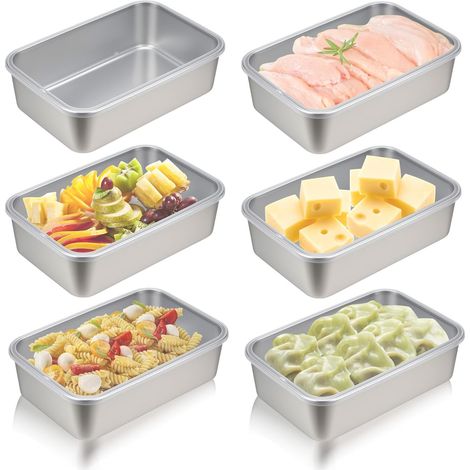 6 Edelstahl-Feinkostboxen (Größe M), luftdicht und stapelbar, für Wurst/Käse/Fleisch, Kühlschrank