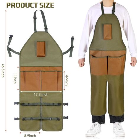 Tablier de jardin, jambes réglables, imperméable, avec 6 poches amovibles, vert armée, boucle réglable. Idéal pour le jardinage, le travail du bois, la poterie, le barbecue, la cuisine, la peinture et (1/5)