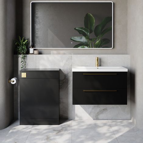 Napoli 390 Cento Matt Black 1400mm Wall Mounted 2 Drawer Vanity Unit and Toilet Suite with Glide Basin - 1400mm - Brushed Brass 480mm HandleWithout Kingston Toilet Pan