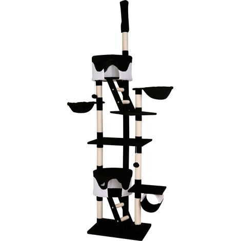 lionto Kratzbaum mit Deckenspanner, 230-250 cm großer Aktivitätsturm mit 2 Höhlen, 2 Liegemulden, Treppen & Spielbällen, schwarz/weiß (1/5)
