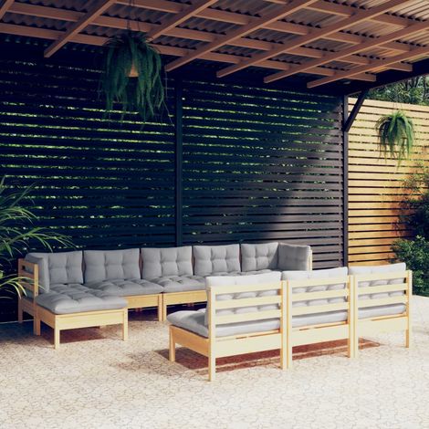 10 pcs Salon de jardin avec coussins Salon d'extérieur Ensemble Meuble de Jardin Mobilier d'Extérieur gris bois de pin XFNRX357478 (1/5)