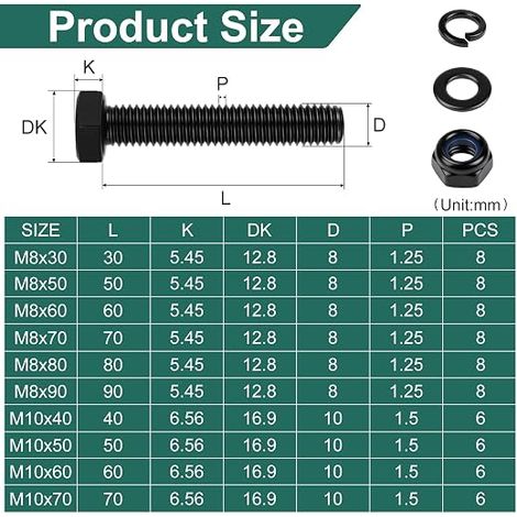 Black Hex Head Bolts M8 x 90 mm Stainless Steel Bolt M8 Stainless Steel Screws with Self-Locking Nut, Elastic Washer and Flat Washer for Auto Furniture (1/4)