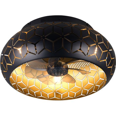 Plafonnier ventilateur led noir et or 50cm – 3 ampoules E27 10W max – Télécommande – Ventilation 3 vitesses – Indice de protection IP20 – Reality