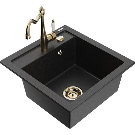 Mexen Vito 1-Becken-Granit-Spüle mit Mischbatterie Carla, Schwarz/Silbermetallic - 6503-73-670700-50