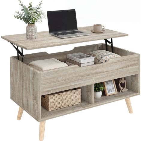 Table basse relevable - HOMCOM - compartiment caché et étagères ouvertes - métal et bois - 75 x 40 x 58 cm - bois naturel