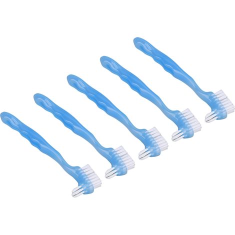Brosse à dentier double face 5 pièces, professionnelle et portable pour nettoyage dentures, adaptée aux personnes âgées, bleue, coffret voyage. (1/5)