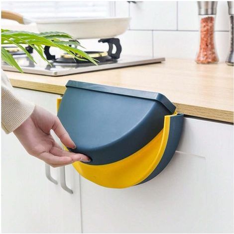 Mini poubelle pliante suspendue pour portes d\'armoires de cuisine, petite poubelle pliable suspendue, support de poubelle pour salle de bain, chambre à coucher, maison, voiture, camping, bleu 1 pièce (1/5)