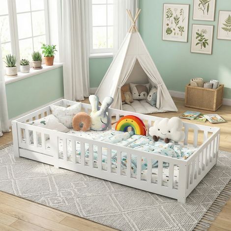 JOOKGBD–Letto per Bambini 120x200 cm,Letto Montessori a Pavimento,Legno Massiccio,Protezione Anti-Caduta,Rete a Doghe,Letto Singolo,Senza Materasso,Bianco