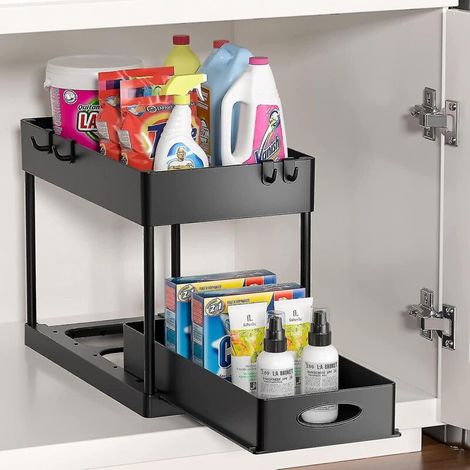 Organisateur à deux niveaux sous évier avec tiroir de rangement coulissant, panier de rangement pour salle de bain et cuisine (1/5)