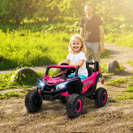 Voiture électrique UTV 12V pour enfants avec 2 moteurs, télécommande 2,4 GHz, vitesse jusqu'à 7 km/h, système de suspension, rose