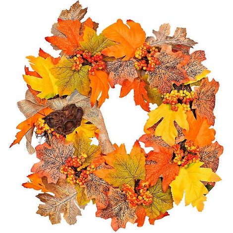 Künstlicher Herbstkranz (35,5 cm Durchmesser) für die Haustür, verziert mit Ahornblättern, Beeren und Halloween-Dekorationen