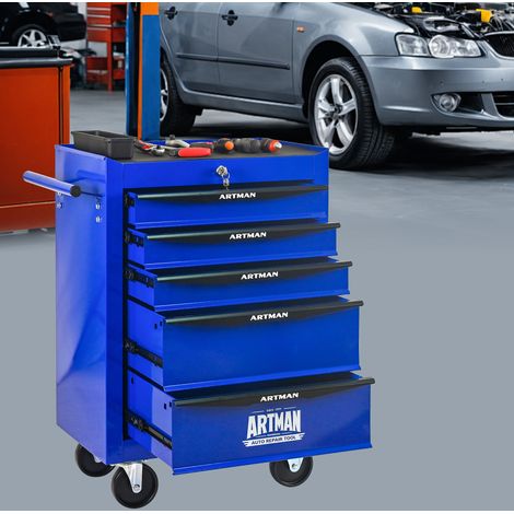 Carro de taller 52,5x33x77,5 cm de acero negro y azul, 5 cajones, para garaje – MEUBLIV (1/5)
