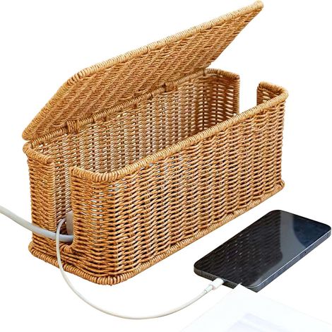 Boîte de Range Cable en Rotin, Boite Rangement Cable Faite à la Main avec Couvercle, pour Cacher les Multiprises et les Câbles pour Téléviseur et Ordinateur, pour le Bureau, la Maison (Brun) (1/5)