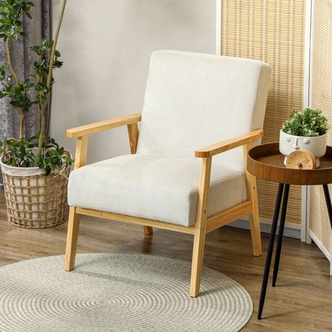 Fauteuil moderne avec accoudoirs, revêtement en tissu, en bois d'hévéa, fauteuil d'appoint, supporte 120 kg, blanc crème (1/5)
