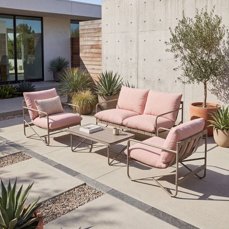 4-Personen-Gartenmöbelset: Sofa, Sessel, Tisch, Metall, Rosa