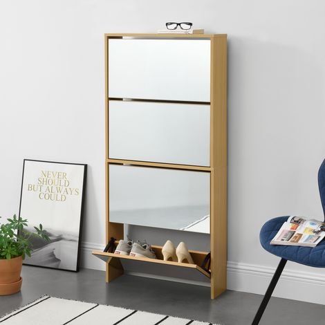 [En.Casa] – Étagère à chaussures miroir 134 x 63 x 17 cm – Meuble de rangement pour 12 paires – Panneau de particules effet hêtre