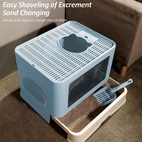 Bac à litière pliable pour chat - Très grand espace - Maison de toilette pour chats - Bleu
