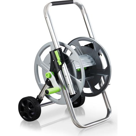 Dévidoir en métal – Enrouleur mobile pour tuyau de 60 m (1/2"), avec roues, main courante réglable et cadre en métal robuste, jardin, peu encombrant et facilement amovible (argent) (1/5)