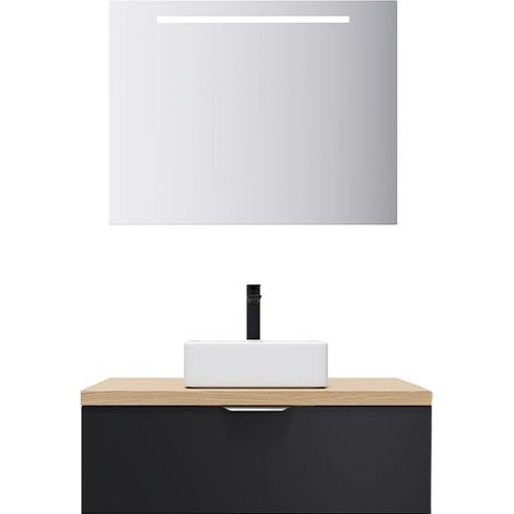 Meuble de salle de bain suspendu vasque à poser 90cm 1 tiroir Noir + miroir - Soho (1/5)