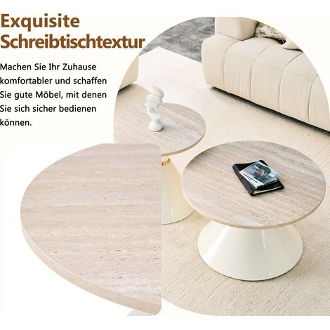 Lot de 2 tables gigognes, plateau en mélaminé aspect travertin, piètement métal conique ivoire avec liserés dorés, gain de place pour salon, chambre et bureau (1/5)
