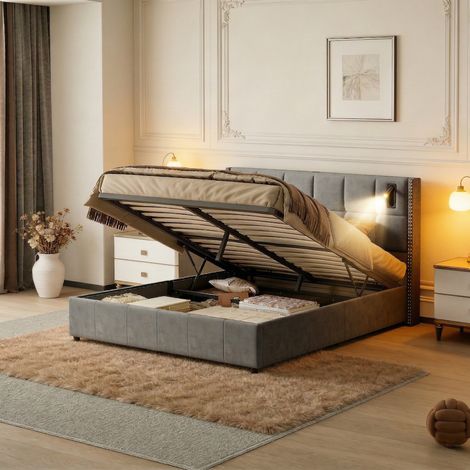 Letto matrimoniale 160x200 cm – Letto per adulti – Grigio – Letto contenitore idraulico – Illuminazione a LED – Rete a doghe – Design moderno (1/5)
