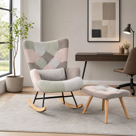 Sedia a dondolo 91 cm in legno multicolore con poggiapiedi moderna per soggiorno FloraGrace (1/5)