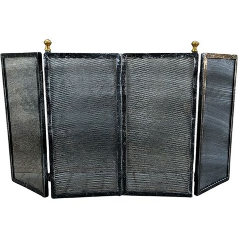 Parascintille per Camino in Ferro Battuto, 4 Ante Richiudibili, 50 cm di Altezza, 48 cm Chiuso, 93 cm Aperto, con Pomelli in Ottone