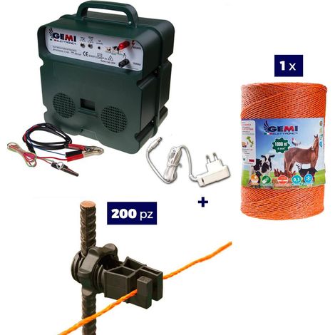 Kit completo Para Pastor Eléctrico : 1x Electrificador 12V / 220 V + 1x hilo canductores 1000 mt 4 mm² + 200 Aisladores para postes de Hierro - Cerca Eléctrica Valla Eléctrica para animales jabalívaca
