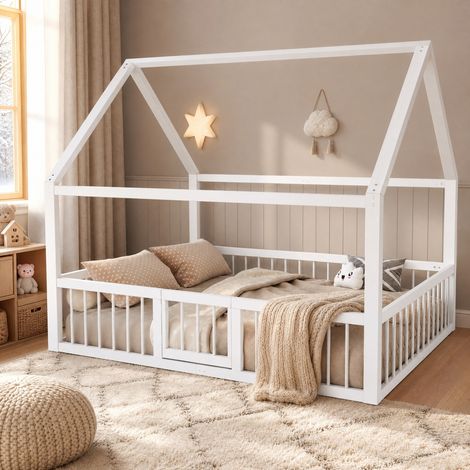 Letto bambino in metallo 140 x 200 cm con tetto, sbarre e piccola porta, bianco DESVIAE (1/5)