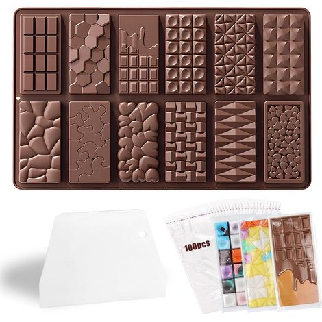 1 Moule à chocolat, Silicone antiadhésif, 12 cavités profondes, Avec spatule et sacs, Pour pralines et bonbons (1/5)