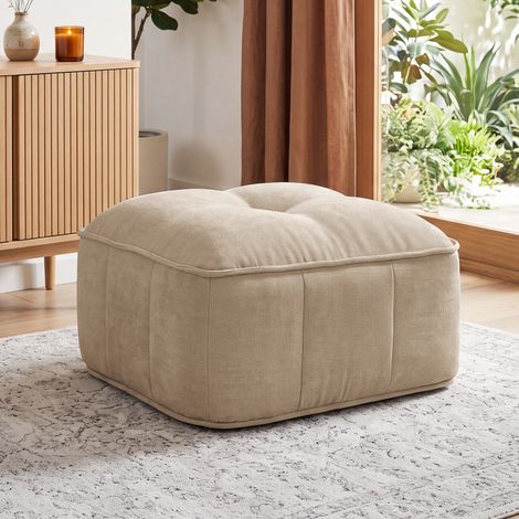 Pouf compresso Neche, poggiapiedi, rivestimento in poliestere, sgabello da soggiorno, schiuma ad alta densità 32D, 76x69x46 cm, marrone (1/5)