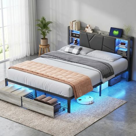 Lit avec tiroirs 160x200 cm,lit coffre adulte avec éclairage led rgb ,sommier à lattes,station de charge et tête de lit de rangement,pu,noir (1/5)
