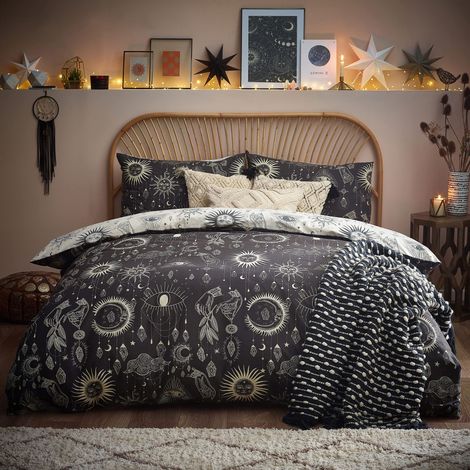 Parure De Lit – Housse De Couette Réversible en Polycoton Motif Galaxie Céleste Lune Et Etoiles Multicolore Taille UE Double 200x200cm (1/4)
