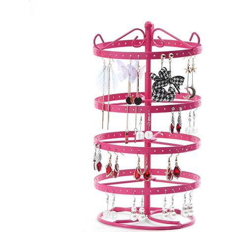 Schmuckhalter, 4-stufiger Schmuckständer, schwarz, drehbar, für 92 Paar Ohrringe, Halsketten-Organizer-Ständer, Schmuck-Displaytürme, Farbe Pink