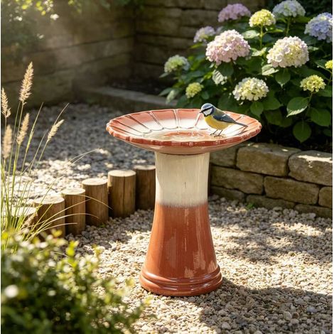 Bain d'oiseaux en céramique, vasque d'extérieur résistante au gel, Ø 43 cm, hauteur 45 cm, finition brun rouille et blanc, jardin, terrasse, balcon - CHICFURN (1/5)