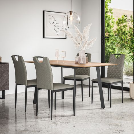 Haydon Extending Dining Table And Chairs - Oak Effect Table Top w Black Legs + Monza Linen Dining Chair Set Of 6 (Grey) (1/5)