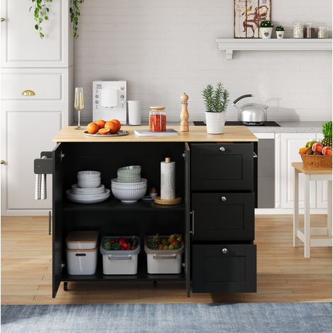 Îlot de cuisine mobile 135x44(70)x90 cm noir et naturel en MDF avec plateau rabattable et rangement (1/5)